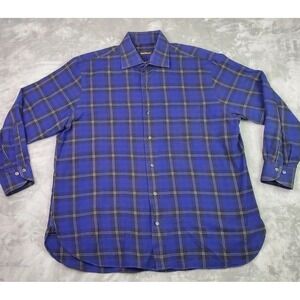 Paul Stuart Button Down Shirt Men's Extra Large Purple Plaid Cotton Long Sleeve